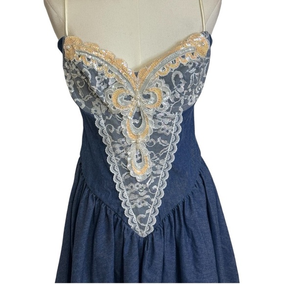Vintage 1980s Loralie Denim Jean Mini Dress Size 10 Lace Beaded Sequins Country - Picture 3 of 10